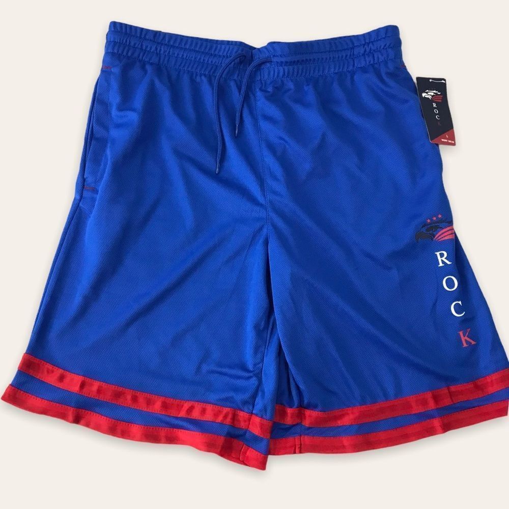 Rock Men's L Athletic Basketball Shorts Blue Quick Dry‎ Mesh Red Trim Sporty Gym